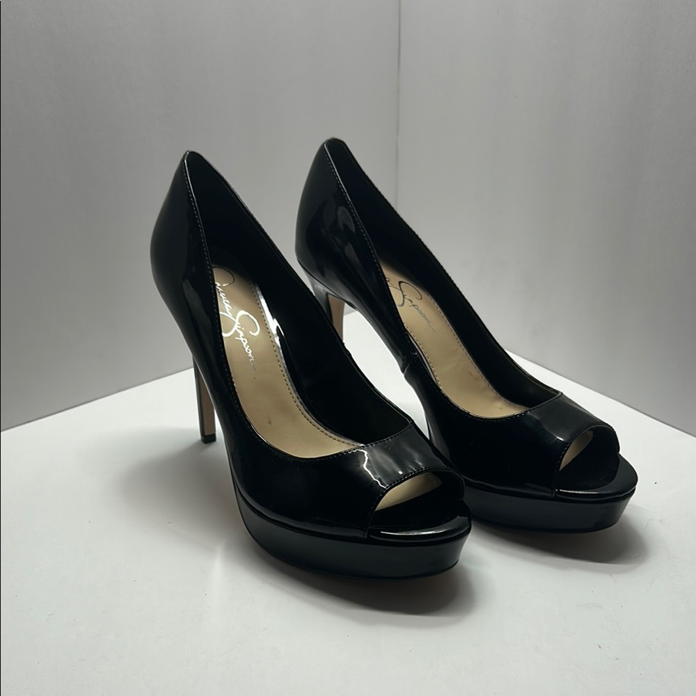 Jessica Simpson Glossy Black Peep-Toe Heels